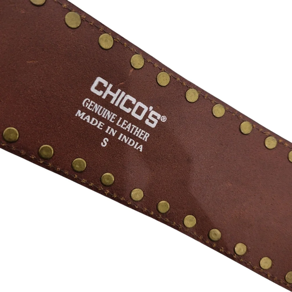 Chicos Chunky Embellished Leather Belt Brown Etched Buckle Stud Embroidery Small